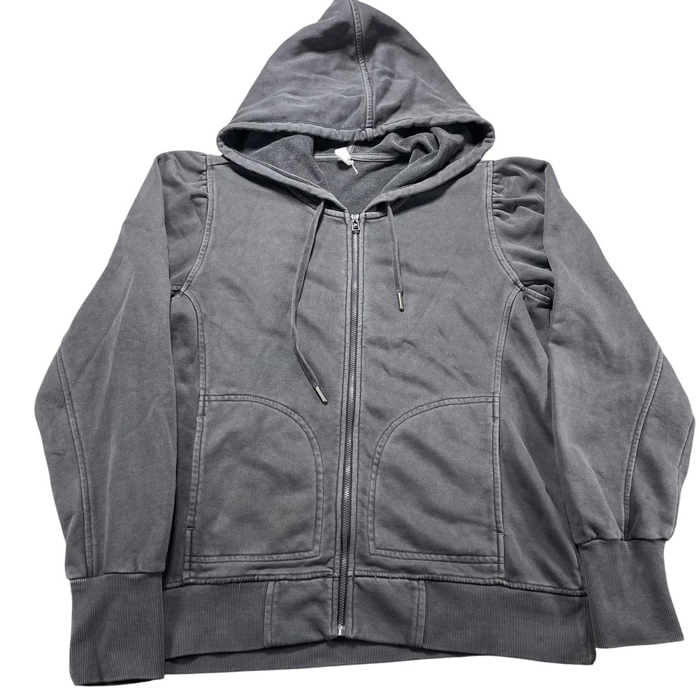 Daily Practice Hoodie Womens Medium Gray Knit Full Zip Puff Sleeve Sweatshirt